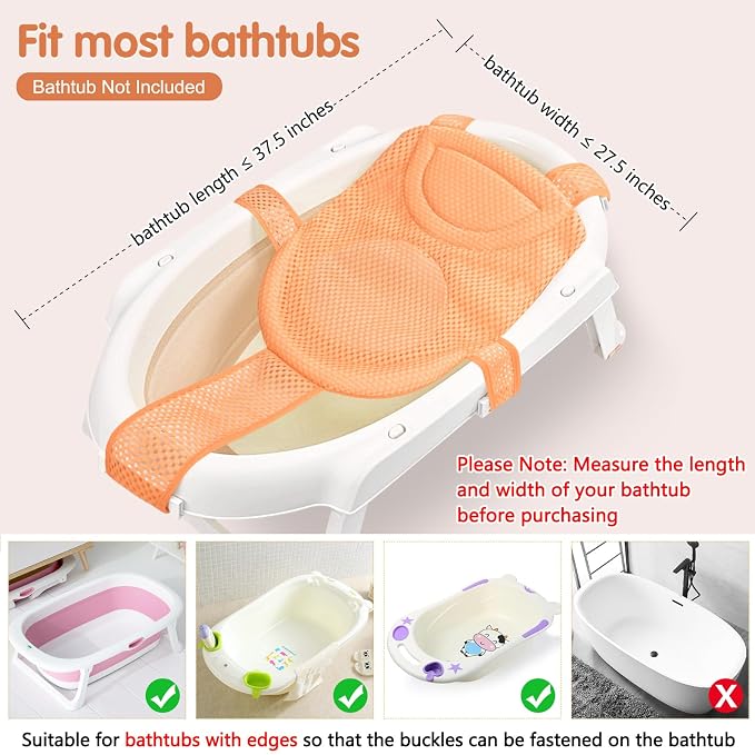 Colorlife Baby Bath Seat Support Net Infant Bathing Seat Support Mat, Adjustable Comfortable Non-Slip Five-Pointed Baby Shower Net Bathtub Sit Up Mesh for Newborn 0-12 Months-Orange(No Bathtub)