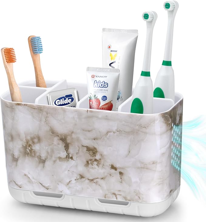 Boperzi Electric Toothbrush Holder for Bathroom Organizer Countertop, Detachable Anti-Slip Toothpaste Storage Caddy 6 Slots White Marble with Drainage Holes for Makeup Brush Razor Stand