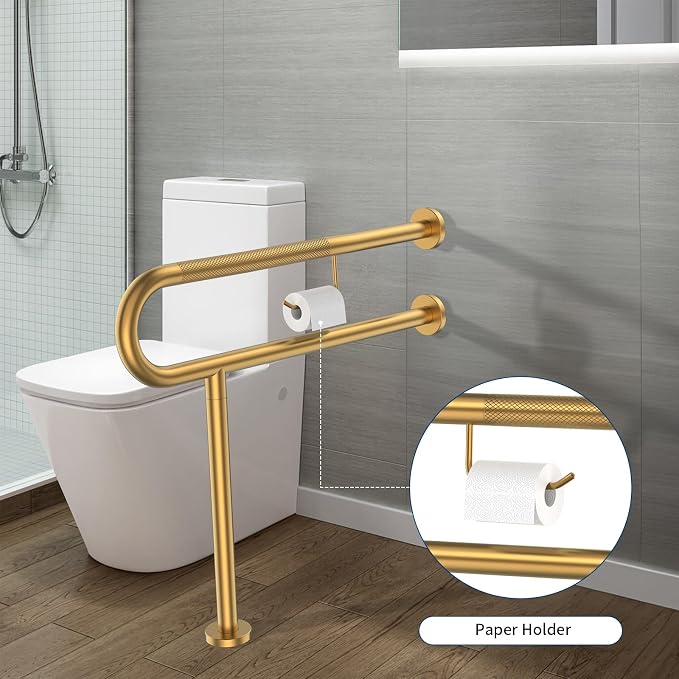 Toilet Grab Bar with Leg 31.5x28 Inch, ZUEXT Brushed Gold Knurled Toilet Support Bar with Toilet Paper Holder,Stainless Steel Wall & Floor Mounted Bathroom Support Rail for Seniors Disabled Pregnant