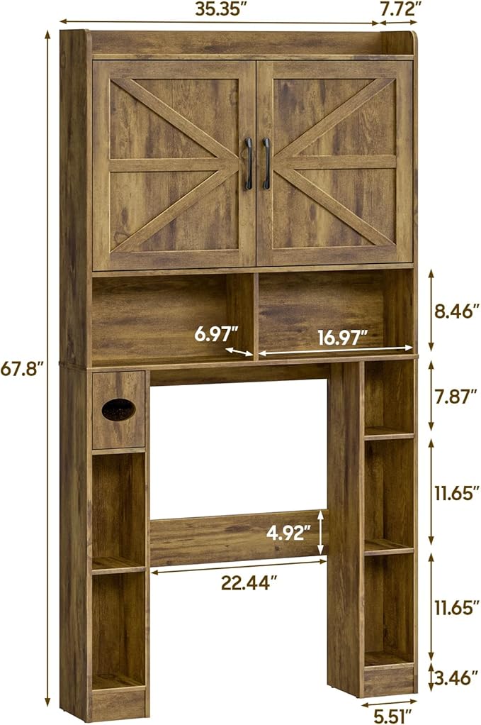 Over The Toilet Storage Cabinet, Farmhouse Toilet Cabinet Rack with Barn Doors, Space Saving Bathroom Organizer with Shelves, Toilet Paper Holder and Towel Rack for Bathroom,Restroom,Laundry, Brown