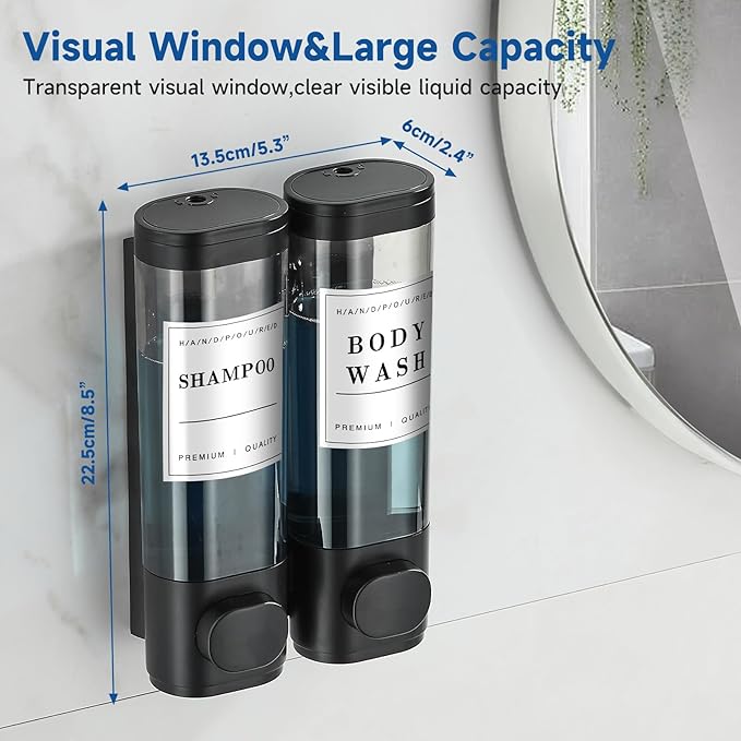 Shampoo and Conditioner Dispenser,Shower Dispenser 2 Chamber No Drill Wall-Mounted Shampoo Dispenser for Shower Wall Mounted Shower Dispenser for Bathroom Hotel,Matte Black1
