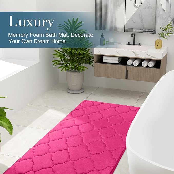 OLANLY Memory Foam Bath Mat Rug 47x20, Ultra Soft and Absorbent Bathroom Rugs, Non-Slip, Comfortable, Machine Washable Bath Carpet for Bathroom Floor, Tub, Shower and Home Decor Accessories, Deep Pink