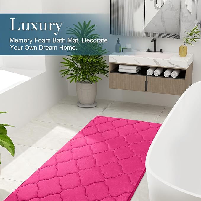 OLANLY Memory Foam Bath Mat Rug 59x24, Ultra Soft and Absorbent Bathroom Rugs, Non-Slip, Comfortable, Machine Washable Bath Carpet for Bathroom Floor, Tub, Shower and Home Decor Accessories, Deep Pink
