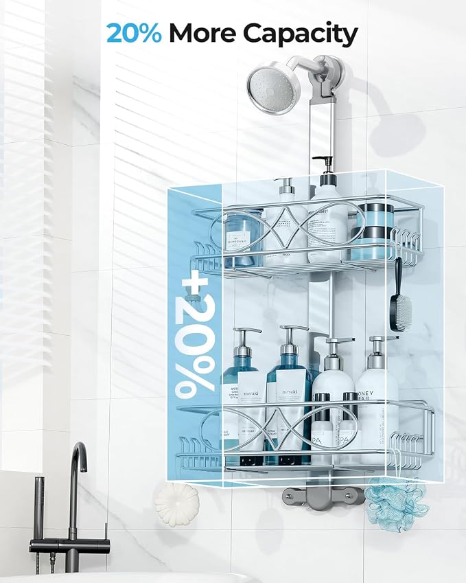 ODesign 2 Tier Stainless Steel Anodized Aluminum,Height-Adjustable Rustproof Shower Caddy Hanging Anti-Swing-Over The Shower Head Caddy-Bathroom Showe r Storage Organizer With Soap Box Holder- Sliver