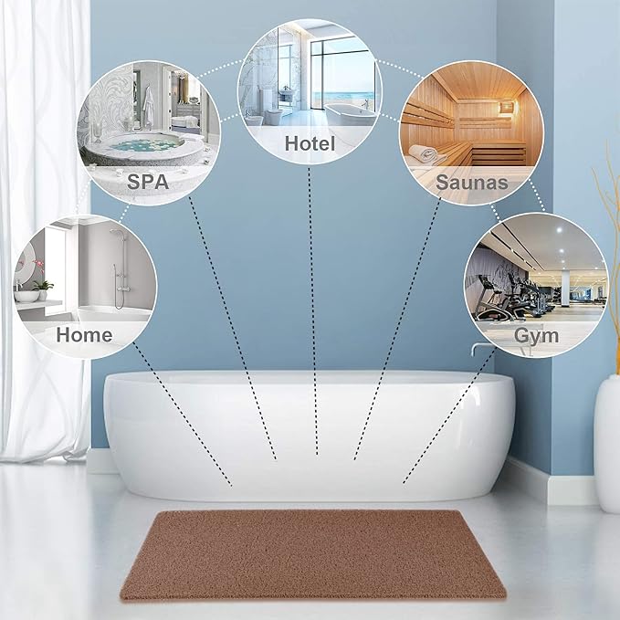 godehone Shower Mats Non Slip Without Suction Cups, PVC Loofah Bathroom Mats, Loofah Mats for Shower and Bathroom, Quick Drying, 15.7× 36 Inch, Brown