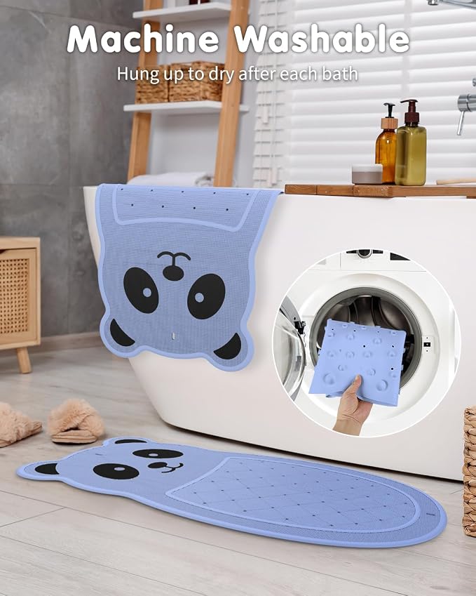 Panda Bathtub Mat Non Slip Kids Natural Rubber Low Odor, Bath Mat for Tub Non Slip for Baby 32"x18", Anti-Slip Surface and Strong Suction Cups Dual Anti-Slip, Machine Washable, Blue