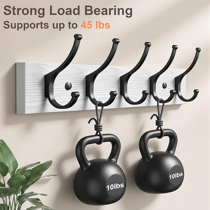 Optish 2 Pack Wooden Coat Rack Wall Mount, 16.1" Rustic Coat Hanger Hooks with 10 Double Hooks, Wall Coat Rack for Hat, Clothes, Bags, Jacket, Brown, White