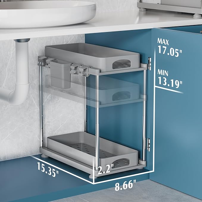 VERIFOST 2 Pack Adjustable Gray Under Sink Organizers, 2 Tier Pull Out Storage, Kitchen Bathroom Office Laundry Room Living Room