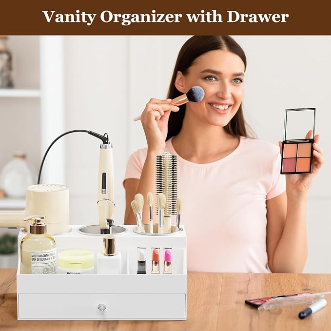 GFWARE Acrylic Hair Dryer Holder with Drawer, Bathroom Organizer Countertop Drawers with 3 Stainless Cups, Makeup Vanity Accessories, Hair Hot Tools Organizer, Toiletry, White