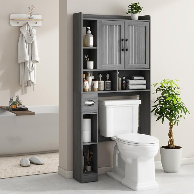 Vabches Over The Toilet Storage Cabinet, Farmhouse Storage Cabinet Over Toilet with Barn Door，Home Space-Saving Toilet Rack for Bathroom, Restroom and Laundry.（Wash Grey）