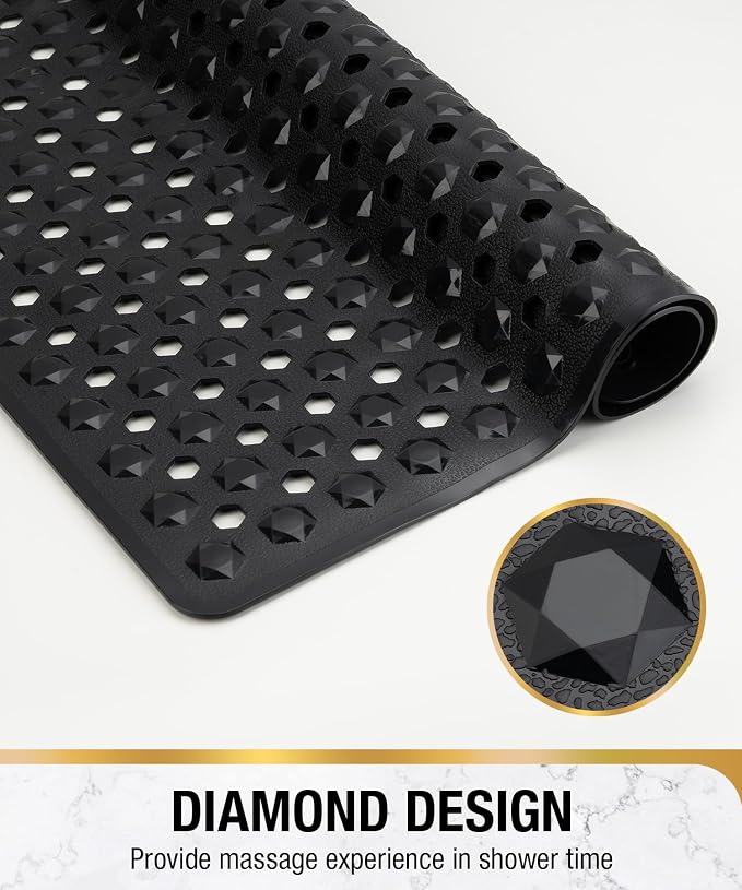HITSLAM Shower Mat Anti Slip, Square Bath Mat for Tub Non Slip with Suction Cups and Drain Holes, 21x21 Inch Bathroom Shower Stall Floor Mat, Machine Washable, Soft on Feet, Black
