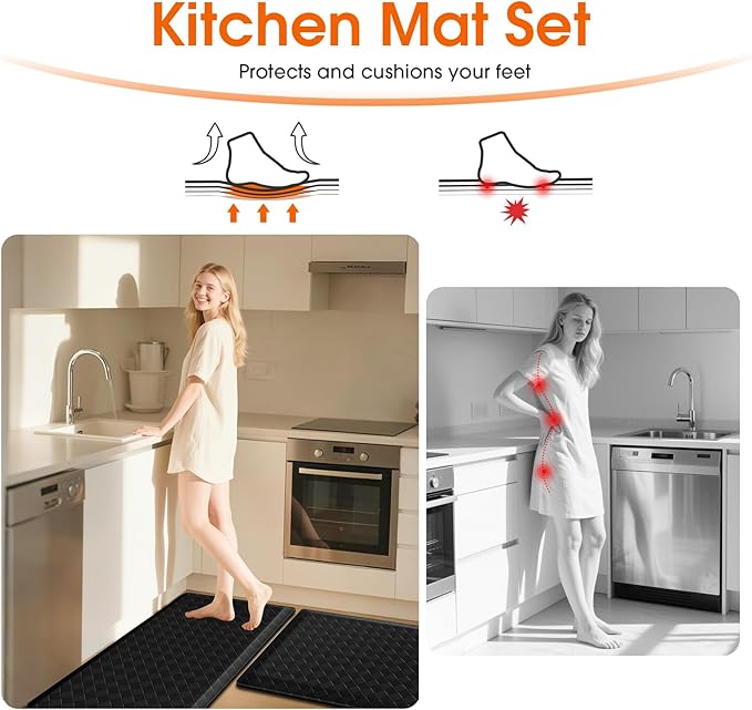 TranquilRelax 4/5 Inch Thick Anti-Fatigue Kitchen Mats 2Pcs, Cushioned Non-Slip Waterproof Sink & Stove Floor Mats, Comfortable Standing Rug Set for Kitchen, Laundry & Entryway, Black