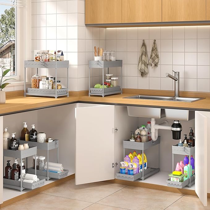 Sevenblue 3 Pack Under Sink Organizers, 2-Tier Multi-Use Kitchen and Bathroom Organizers and Storage with Sliding Drawers, Bathroom Cabinet Organizer (Gray, 14.8 Inch)