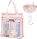 F-color Mesh Shower Caddy Portable Hanging - 3 Pockets Small Shower Bag Tote with Zipper Closure for Camping, Gym Lockers, Travel, Toiletry, Quick Dry Bathroom Essentials with S Hook, Pink