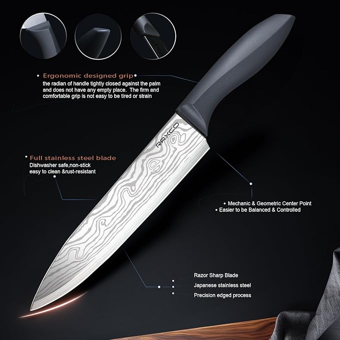 RAXCO Kitchen Set,18-Piece Cooking Utensils and Kitchen Knife Set,Gray | 7-Piece Kitchen Utensils Heat-resistant to 410°F,5-Piece Sharp Knife,5-Piece Cooking Tools and Cutting Board In One