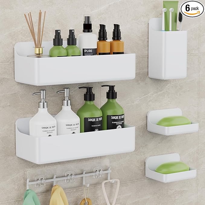Adhesive Shower Caddy 6 Pack Rustproof Shower Shelves for Inside Shower No Drilling Bathroom Organizers and Storage Rack with Soap Holder Clear
