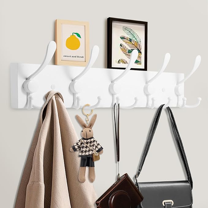 Kuhome Coat Rack Wall Mount Coat Hooks Wooden Hat Rack for Wall Hooks Pine Real Wood Plank 16.9" White Coat Hanger with 5 White Triple Hooks for Hanging Coat Hat Jacket