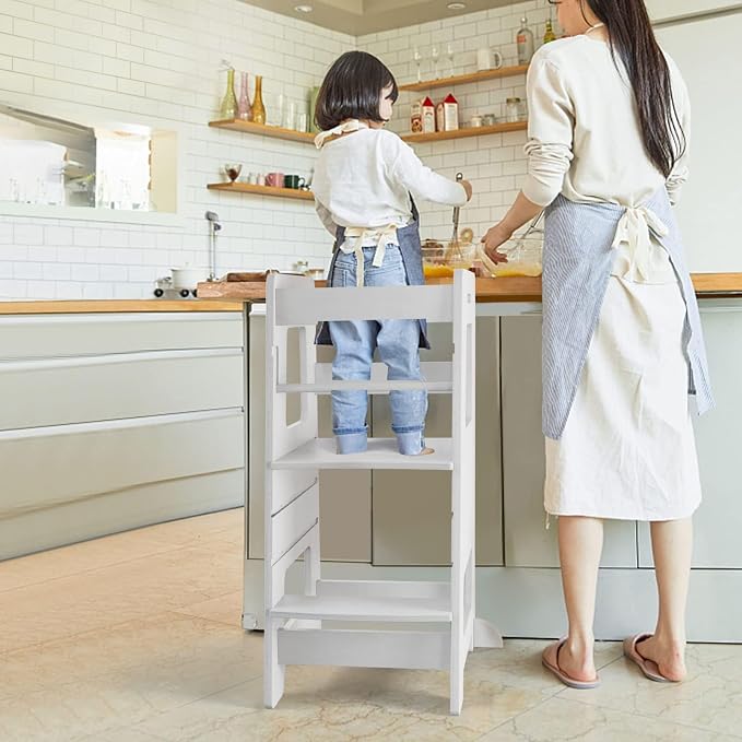 Kitchen Step Stool, WOOD CITY Toddler Kitchen Stool Helper with Safety Rail, Height Adjustable Child Standing Tower Learning Stool for Counter and Bathroom Sink (White)