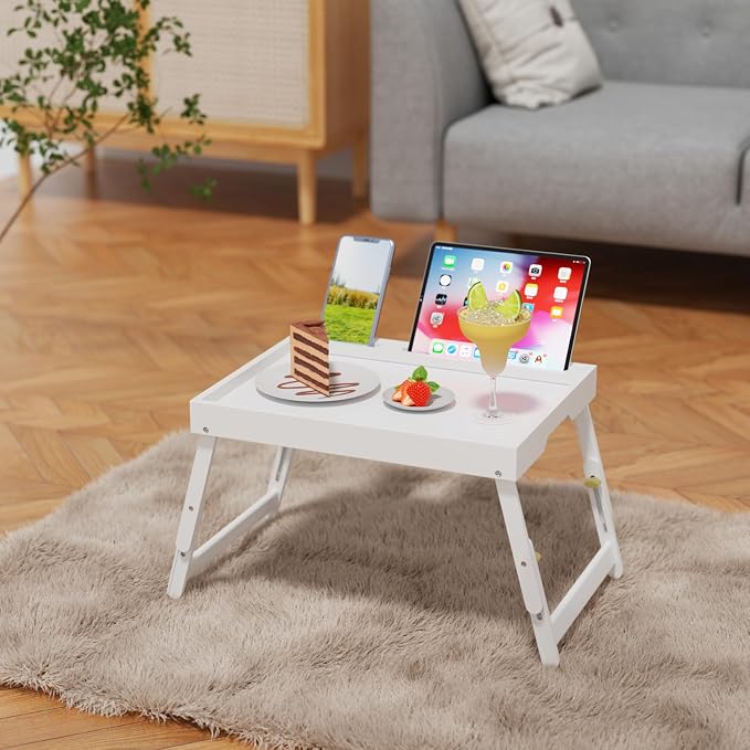 Artmeer Bed Tray Table with Folding Legs, Bamboo Breakfast Food Tray with Media Slot, Use As Platter, Laptop Desk, Snack, TV Tray Kitchen Serving Tray (White Large Adjustable Legs)