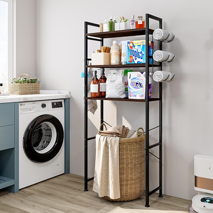 Over The Toilet Storage Rack 3 Tier Bathroom Organizer Shelf Over Toilet Freestanding Space Saver Toilet Stands with 10 Hooks Multifunctional (BlackOak)