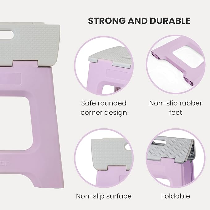 Vigar Compact Folding Step Stool - 12-1/2 Inch Foldable Step Stool for Adults, Lightweight Portable Stool with Handle, Non Slip Step Stool, Space-Saving Stool up to 330 lb - Purple