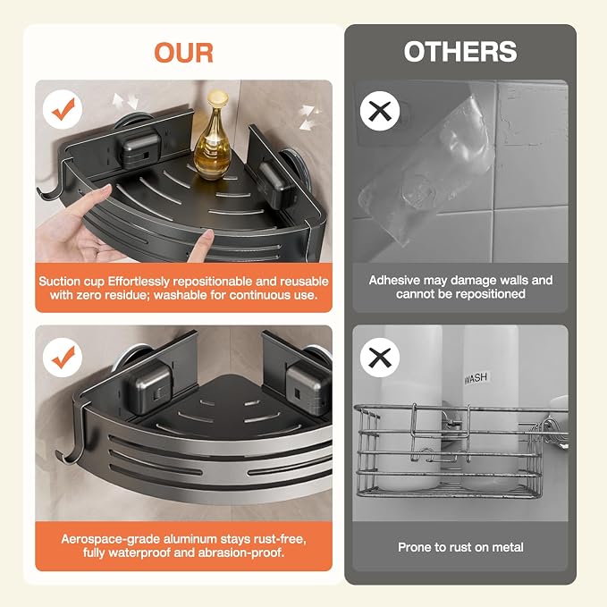 Lekesky Corner Shower Caddy Suction Cup, Shower Corner Shelf with a Towel Bar, No Drill shower rack, bathroom shelves for Organizers and Storage, Shower Shampoo Holder(Aluminum, 2-Pack, Gunmetal Gray)