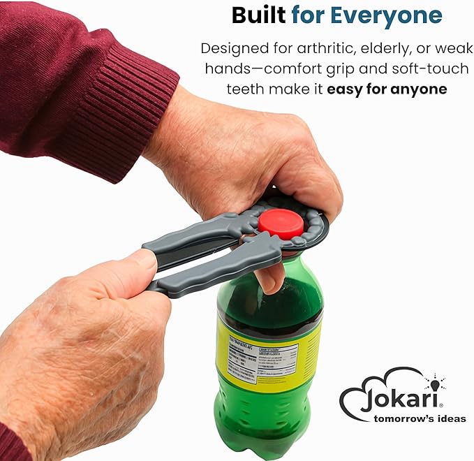 Jokari Multi Bottle Opener for Jars Bottles and Cans 3 in 1 Easy Grip Lid Opener for Weak Hands Twist Caps Pull Tabs Pop Tops and Small Lids Arthritis Aid Manual Kitchen Tool Black