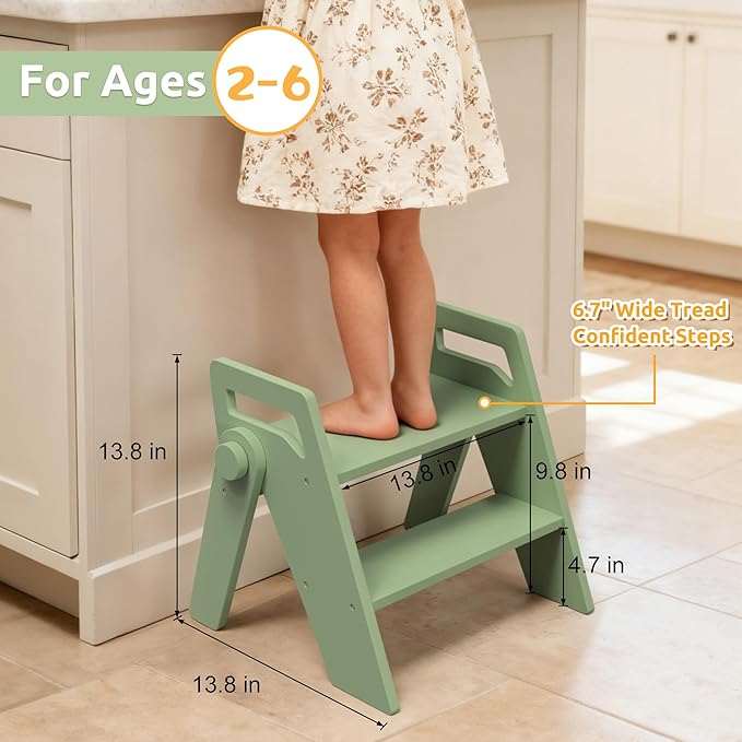 Wooden 2 Step Stool for Toddler Kids Bathroom Foldable 2-Step for Toilet Potty Training, Child Stepping Stool for Kitchen Nursery Bedroom Green