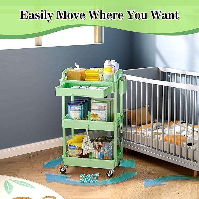 SUNALLY 3-Tier Rolling Cart with Drawer & Lockable Wheels, Bathroom Storage Organizer Multifunctional Rolling Storage Cart for Bathroom, Kitchen, Office, Craft, Makeup, Baby Essentials, Green