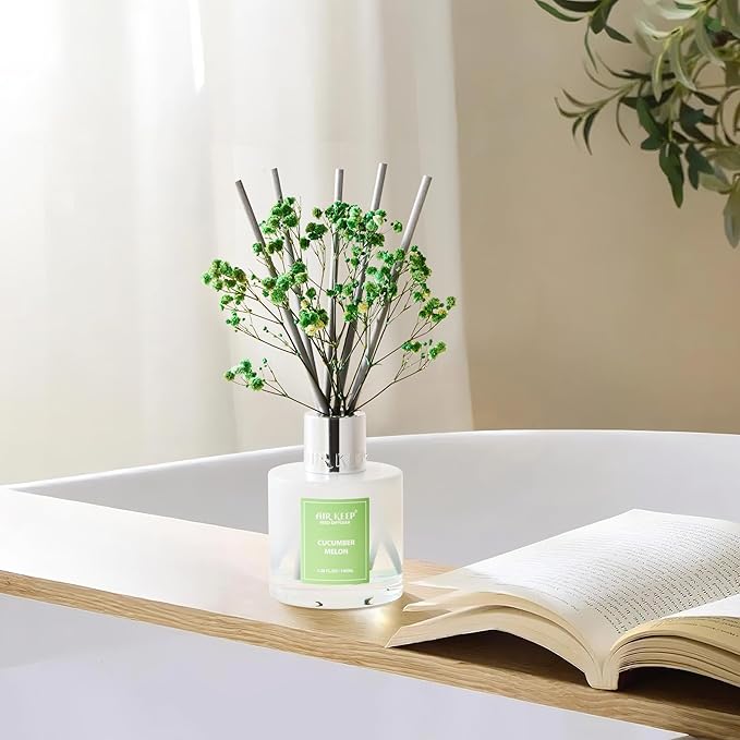 Airkeep Reed Diffuser Set,3.38 fl oz (100 ml) - Cucumber Melon Oil Diffusers with 8 Reed Sticks, Home Fragrance Reed Diffuser for Bathroom Shelf Decor