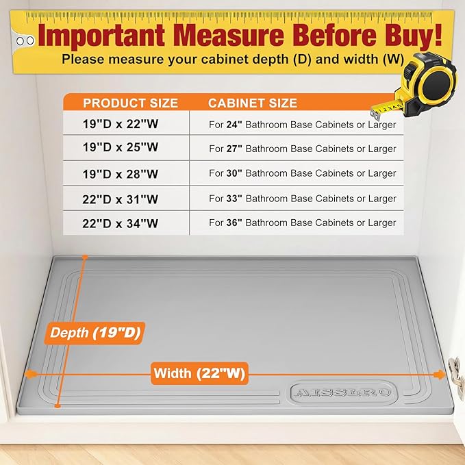 Aisslro Under Sink Mat 22" X 19", Waterproof Silicone Cabinet Organizer Protector with Raised Edge, Kitchen & Bathroom Leak Tray, Shelf Liner & Pet Feeding Mat for Dog Cat Food Mats, Gray