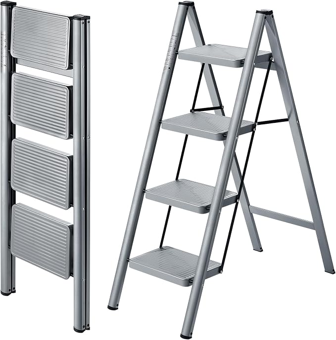 XinSunho 4 Step Ladder, Folding Step Stool with Anti-Slip Wide Pedal, Portable Sturdy Steel Ladder 4 Steps, 330lbs Safety Kitchen & Household Ladder