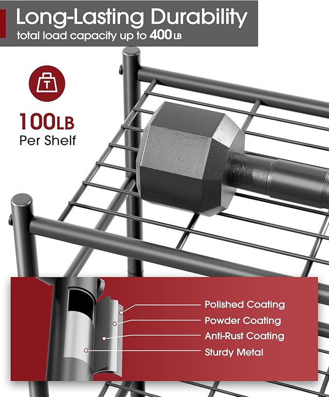 Sakugi Storage Shelves - 4 Tier Shelf Organizer, Sturdy Metal Garage Shelving with Adjustable Leveling Feet, Space-Saving Shelves Organizer for Pantry, Laundry, Kitchen (18" x 12" x 44", Black)