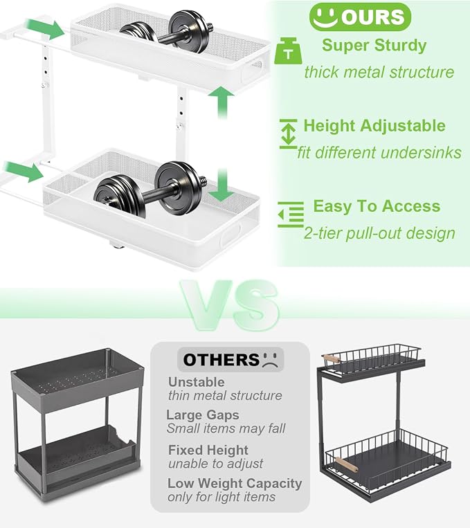 Under Sink Organizer, High Adjustable 2 Tier Under Sink Organizers and Storage, Slide out Metal Cabinet Organizers, Pull out Storage Drawer Shelf for Kitchen Bathroom Cabinet (1, White)
