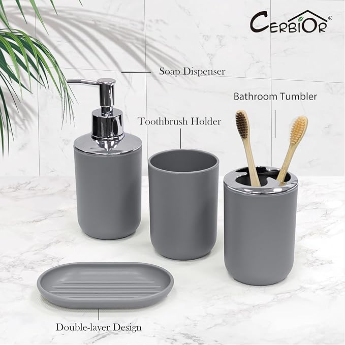 CERBIOR Bathroom Accessories Set 6 Piece Bath Ensemble Includes Soap Dispenser, Toothbrush Holder, Toothbrush Cup, Soap Dish for Decorative Countertop and Housewarming Gift (Light grey-6pcs)