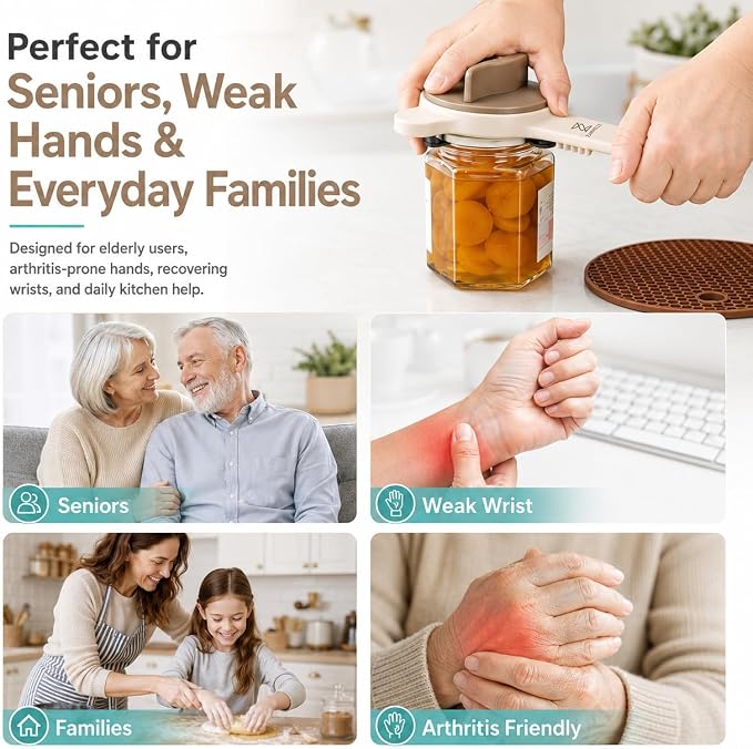 Jar Opener for Seniors with Arthritis, Easy Grip Adjustable Lid & Bottle Opener Set with Non-Slip Silicone Pad & Stainless Steel Hook, Beige