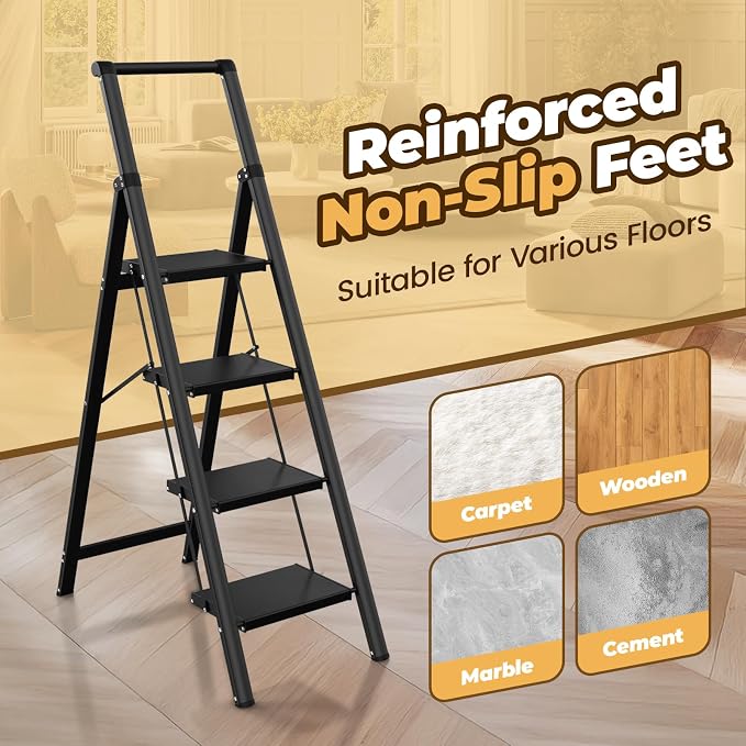 HBTower 4 Step Ladder with Handrail, Aluminum Folding Step Stool,330lbs Capacity Portable Step Ladder，Non-Slip Safety Ladder for Household,Kitchen,Office - Black