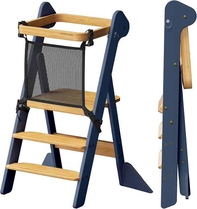 COSYLAND Foldable Standing Tower – IF Design Awarded Toddler Kitchen Step Stool with Safety Net & Large Side Support Legs– Adjustable Toddler Learning Helper Stool (Slate Blue & Natural)-Foldi