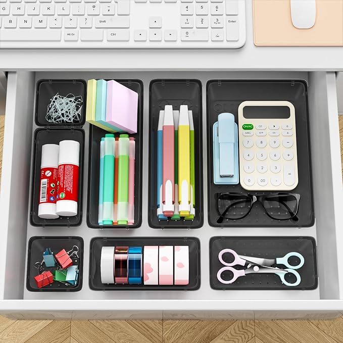 ElegantArray 12-Piece Drawer Organizer Set, 4 Sizes Versatile Plastic Vanity Organizer for Makeup, Stationery, Gadgets, in Kitchen, Bathroom, Office, and Bedroom, Black