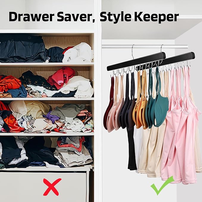 NECAMOCU 2 Pack Bra Hanger for Closet Organizer, Premium Wooden Tank Top Hangers with 36 Foldable Hooks, 360° Rotating Design, Space Saving Storage for Tank Tops, Bras, Scarves and More, Black
