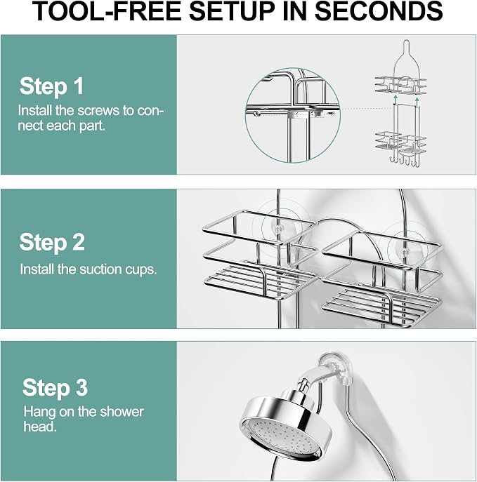 SRIWATANA Shower Caddy Organizer Hanging Over Head, Bathroom Shower Rack Hanger with Hooks for Razors - Chrome