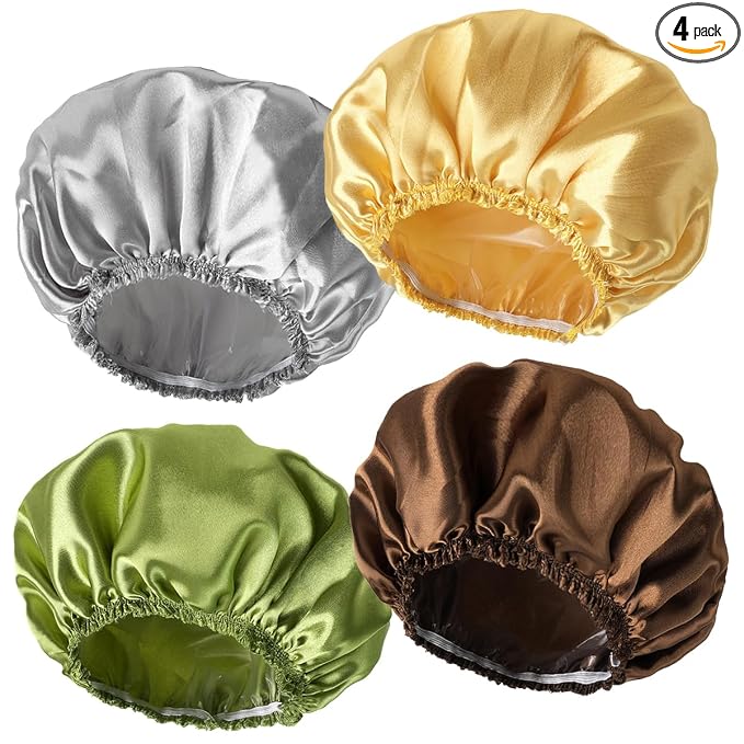 4 PCS Shower Cap for Women, Elastic and Reusable Bath Caps, Double Layers Shower Caps Reusable Waterproof, Bathing Shower Caps, Environmental Bath Hair Protection Cap -Gold+Green+Silver Gray+Brown
