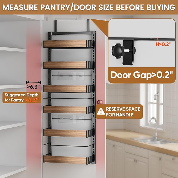 POKIPO 6 Tier Over The Door Pantry Organizer, 2-in-1 Door Hanging or Wall Mounted Spice Rack, Large Heavy Duty Pantry Door Storage Seasoning Shelves with Adjustable Basket for Kitchen Bathroom Closet