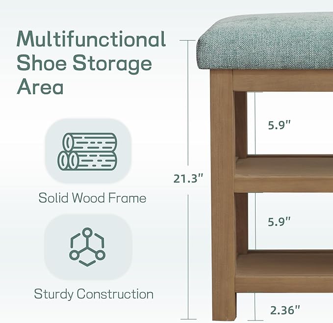 Zihanhome Shoe Rack Bench with Cushion, 2 Tier Solid Wood Storage Bench, Mid-Century Modern Shoe Bench for Entryway, Hallway, Closet, Front Door Entrance, Foyer (Teal, 39.4")