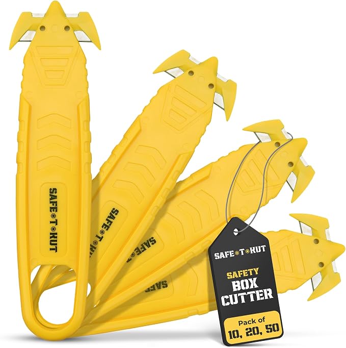 Safe•T•Kut Safety Box Cutter 10 Pack – Enclosed Blade Utility Knife for Opening Boxes, Packaging, Plastic Wrap, Tape & Zip Ties