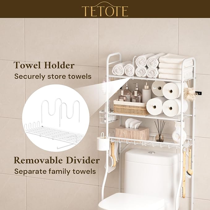 TETOTE Over The Toilet Storage Rack, 3-Tier Bathroom Organizer Shelf Over Toilet with Toilet Paper Roll Holder, Freestanding Metal Rack, White