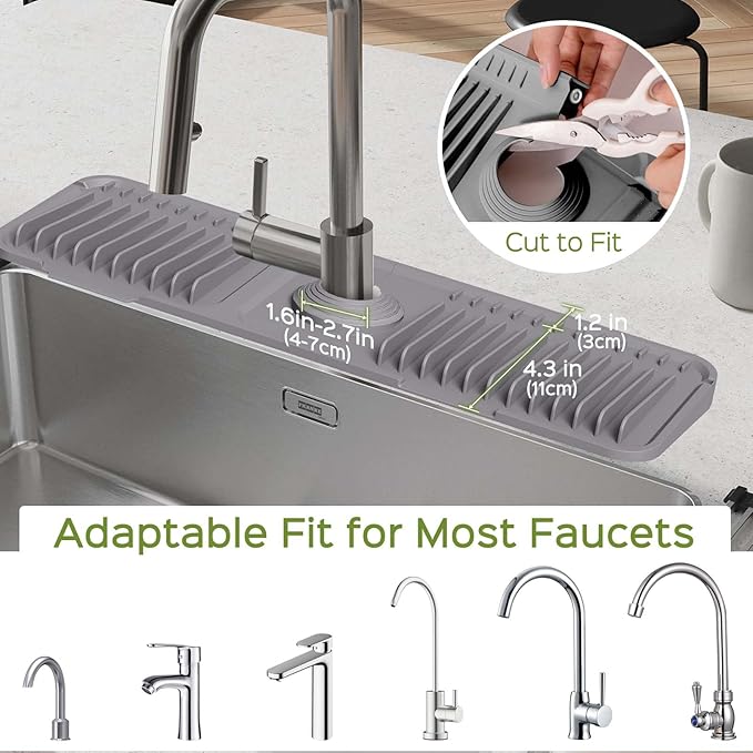 18 Inch Silicone Faucet Mat for Kitchen Sink Splash Guard – 2025 Upgraded Draining Mat with Water Tray Behind Faucet – Countertop Protectors to Catch Spills (Gray, 17.7" x 5.5")
