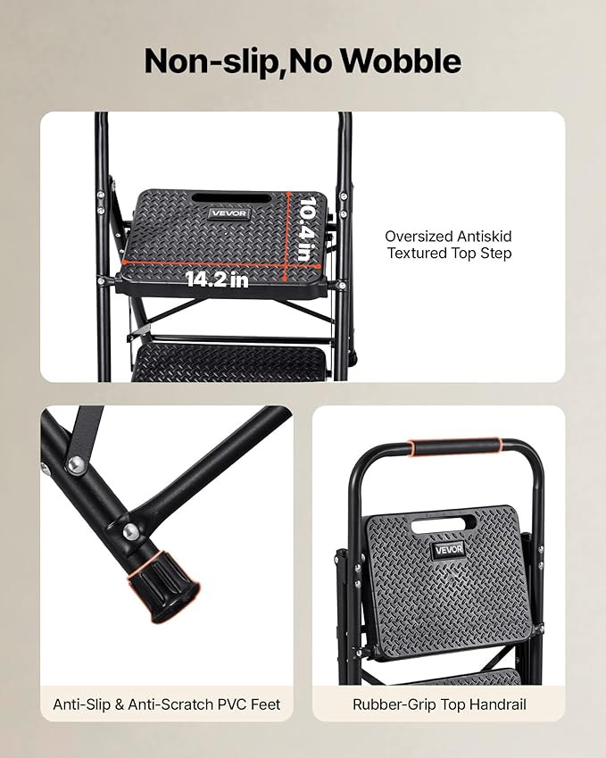 VEVOR 2 Step Ladder, Folding Step Stool with Wide Anti-Slip Pedal and Comfort Handgrip, Lightweight 600 lbs Capacity Portable Steel Ladder, Multi-Use for Kitchen, Home, Household and Office, Black