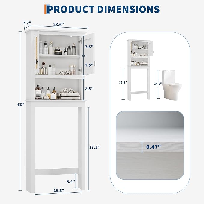 GarveeHome Over The Toilet Storage Cabinet, Farmhouse Over Toilet Bathroom Organizer with Rattan Doors, Freestanding Wood Above Toilet Storage Cabinet with Adjustable Shelf, White