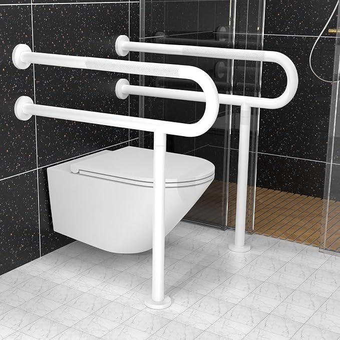 White Toilet Support Rail 32 Inch, Munzong Anti-Slip Floor to Wall Handicap Grab Bar for Bathroom, Stainless Steel Knurled Safety handrails with Leg for Elderly Disabled Pregnant-1.25’Tube
